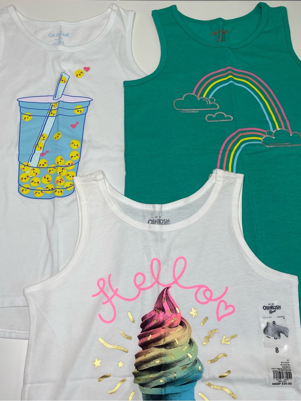 Girl's Summer Graphic Tank Tops Lot of 3 Cat & Jack / Carter's Size MED 7/8 NWOT